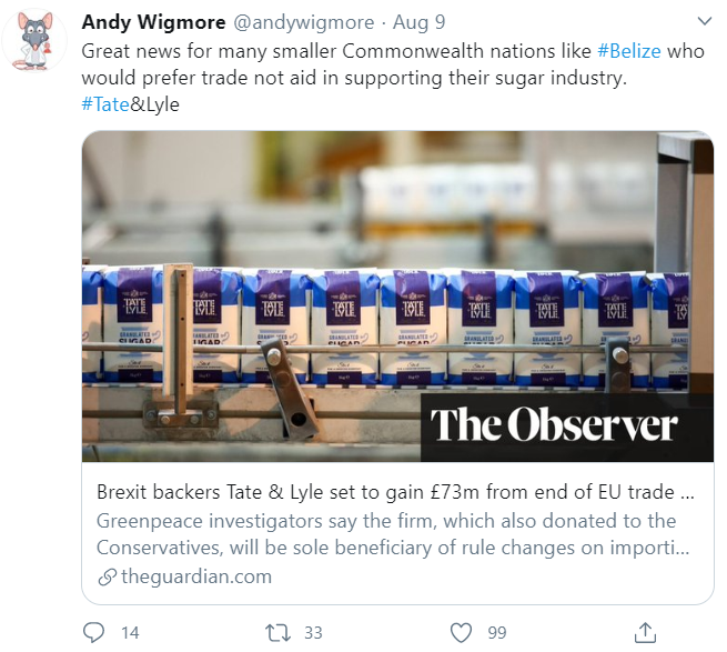 One thing I don't understand about the UK decision to give Tate & Lyle Sugars a huge tariff break on cane imports:Why are pro-Brexit Anglo-Belizeans like Wigmore and Lord Ashcroft spinning it as 'great for Belize'?This looks *terrible* for Belize. Here's why (thread)