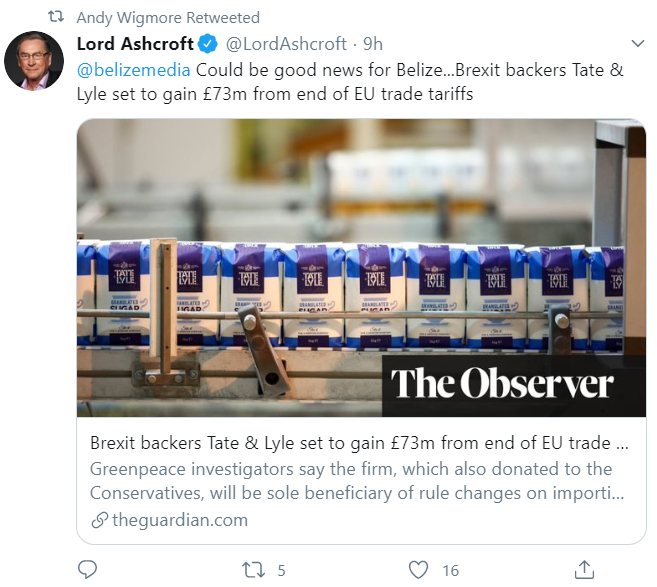 One thing I don't understand about the UK decision to give Tate & Lyle Sugars a huge tariff break on cane imports:Why are pro-Brexit Anglo-Belizeans like Wigmore and Lord Ashcroft spinning it as 'great for Belize'?This looks *terrible* for Belize. Here's why (thread)