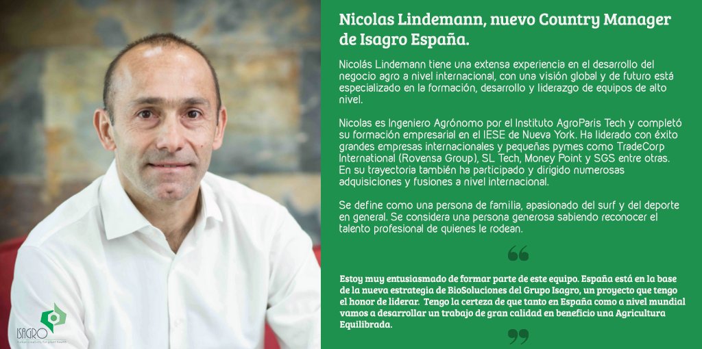 isagro_es's tweet photo. Tenemos el placer de presentaros a Nicolas Lindemann, nuevo Country Manager de @isagro_es #ISAGRO #Agricultura #Bioestimulantes #Agronutrientes https://t.co/4KRhvC5Kdz