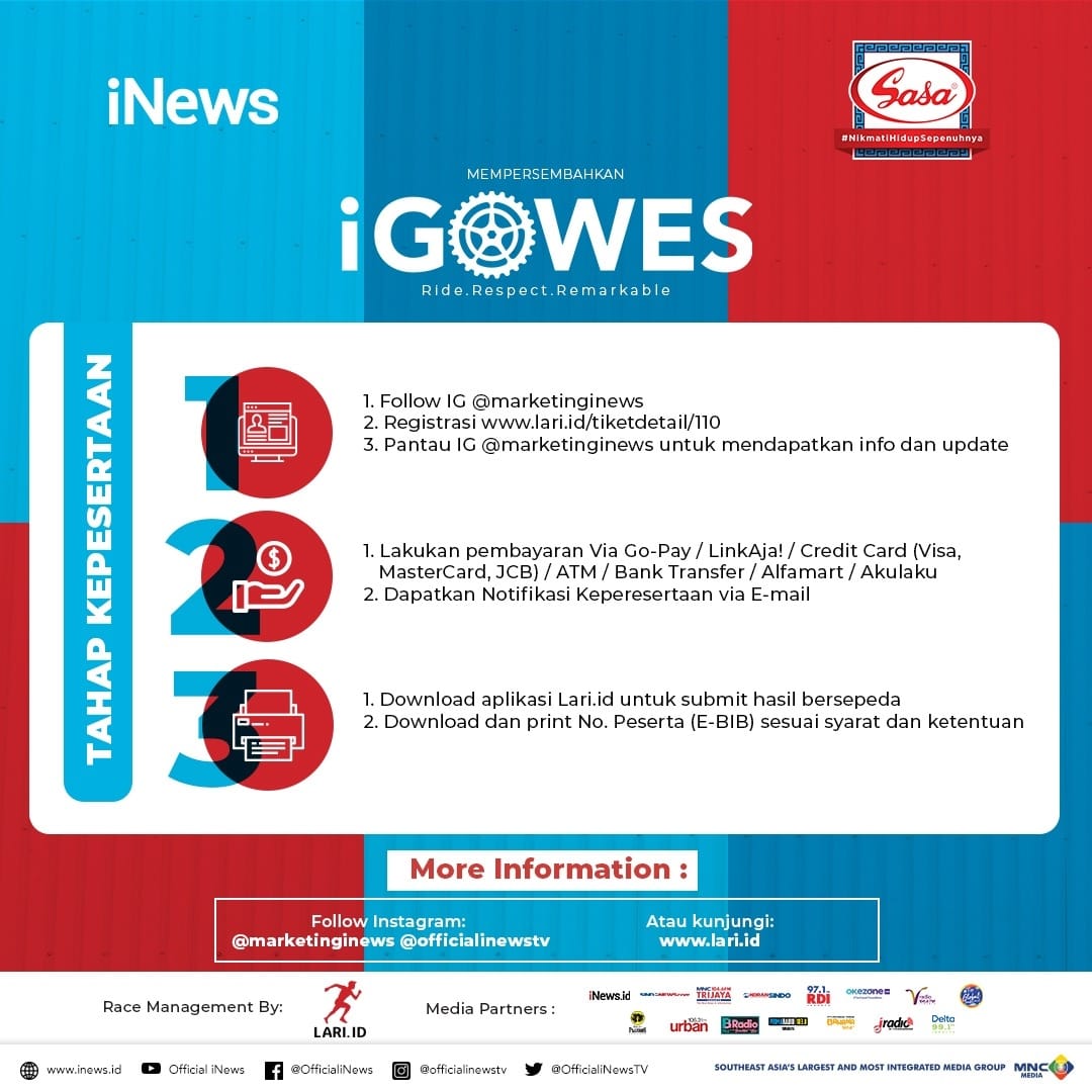SeputariNews's tweet photo. “HUT KEMERDEKAAN RI” ke-75, iNews mengajak pecinta sepeda untuk mengikuti event iGowes Virtual Ride, multiple ride 75K. #nikmatihidupsepenuhnya
@sasa_melezatkan
Info lebih lanjut kunjungi https://t.co/UbHUd4fN6q
#igowesxsasa #igowes2020 #igowes75k #lariid #inews #gowesvirtual https://t.co/zgc0OWWR8H