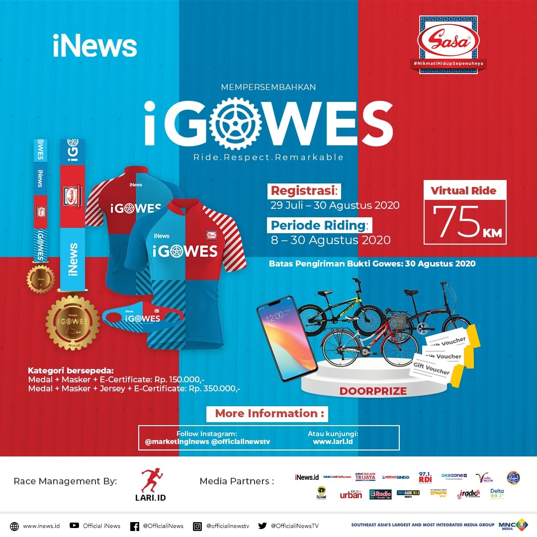 SeputariNews's tweet photo. “HUT KEMERDEKAAN RI” ke-75, iNews mengajak pecinta sepeda untuk mengikuti event iGowes Virtual Ride, multiple ride 75K. #nikmatihidupsepenuhnya
@sasa_melezatkan
Info lebih lanjut kunjungi https://t.co/UbHUd4fN6q
#igowesxsasa #igowes2020 #igowes75k #lariid #inews #gowesvirtual https://t.co/zgc0OWWR8H