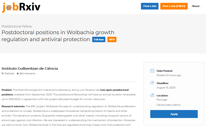 jobRxiv (@jobrxiv) on Twitter photo #ScienceJobs:
Postdoctoral positions in Wolbachia growth regulation and antiviral protection with <a href="/lmvteixeira/">Luis Teixeira</a>
Instituto Gulbenkian de Ciência, Oeiras (near Lisbon), Portugal
jobrxiv.org/job/instituto-…
#Symbiosis #Wolbachia #Drosophila #ScienceJobs:
Postdoctoral positions in Wolbachia growth regulation and antiviral protection with <a href="/lmvteixeira/">Luis Teixeira</a>
Instituto Gulbenkian de Ciência, Oeiras (near Lisbon), Portugal
jobrxiv.org/job/instituto-…
#Symbiosis #Wolbachia #Drosophila