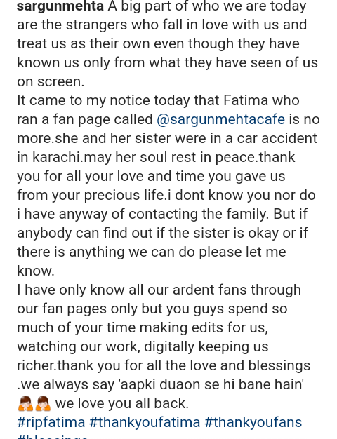 Saaliha26380565's tweet photo. Sargun truly loves her fans bohot bohot. She loves her fans just as much as her fam!This caption reminds me of suhana @saravifanatics 😢
It really tears me apart when fans who live for SaRavi are been taken away so early🙈😭
May they always rest in peace
#RIPSuhana💔
#RIPFatima💔 https://t.co/7ytE2DFJx9