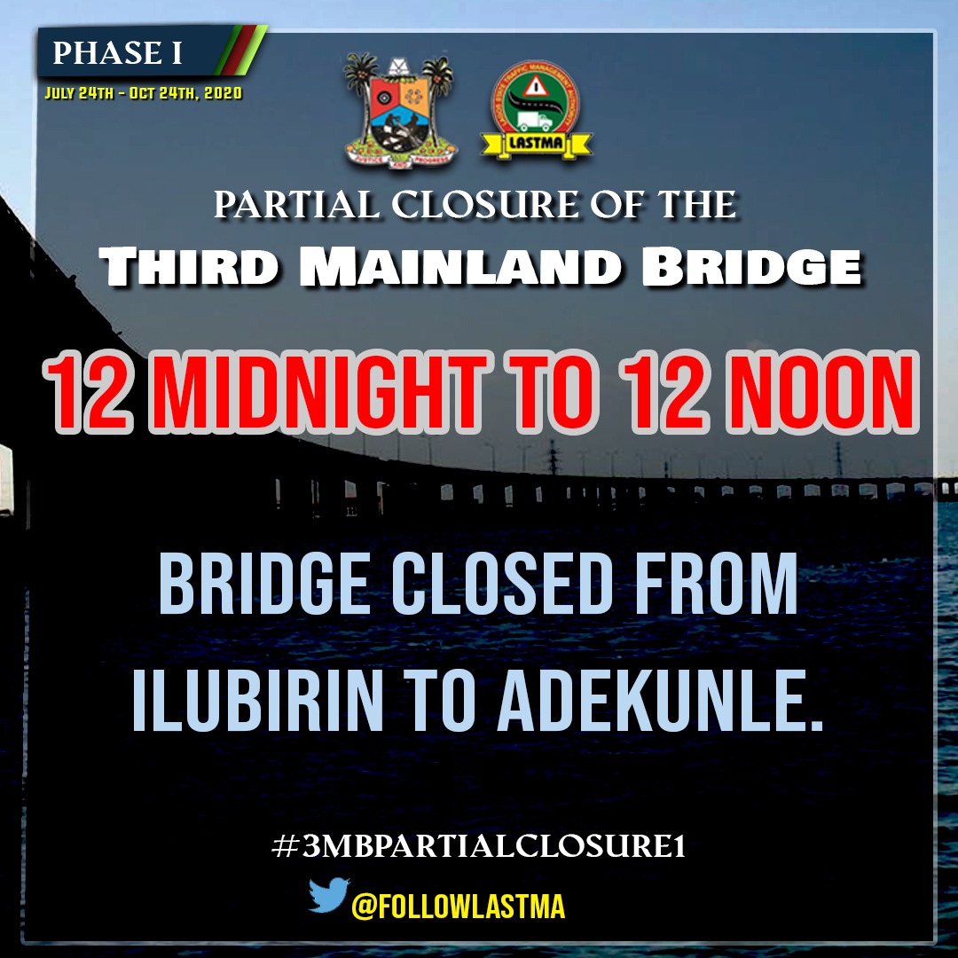 followlastma's tweet photo. #DoYouKnow that during this #3MBPartialClosure1 the bridge will be closed from Ilubirin to Adekunle from 12 midnight to 12 noon. Movement is allowed from Adekunle on #HerbertMacaulayWay toward Oworonshoki and Adeniji at this time.
Now you know, please share.
#lastmacares https://t.co/EbzJjjaMZK