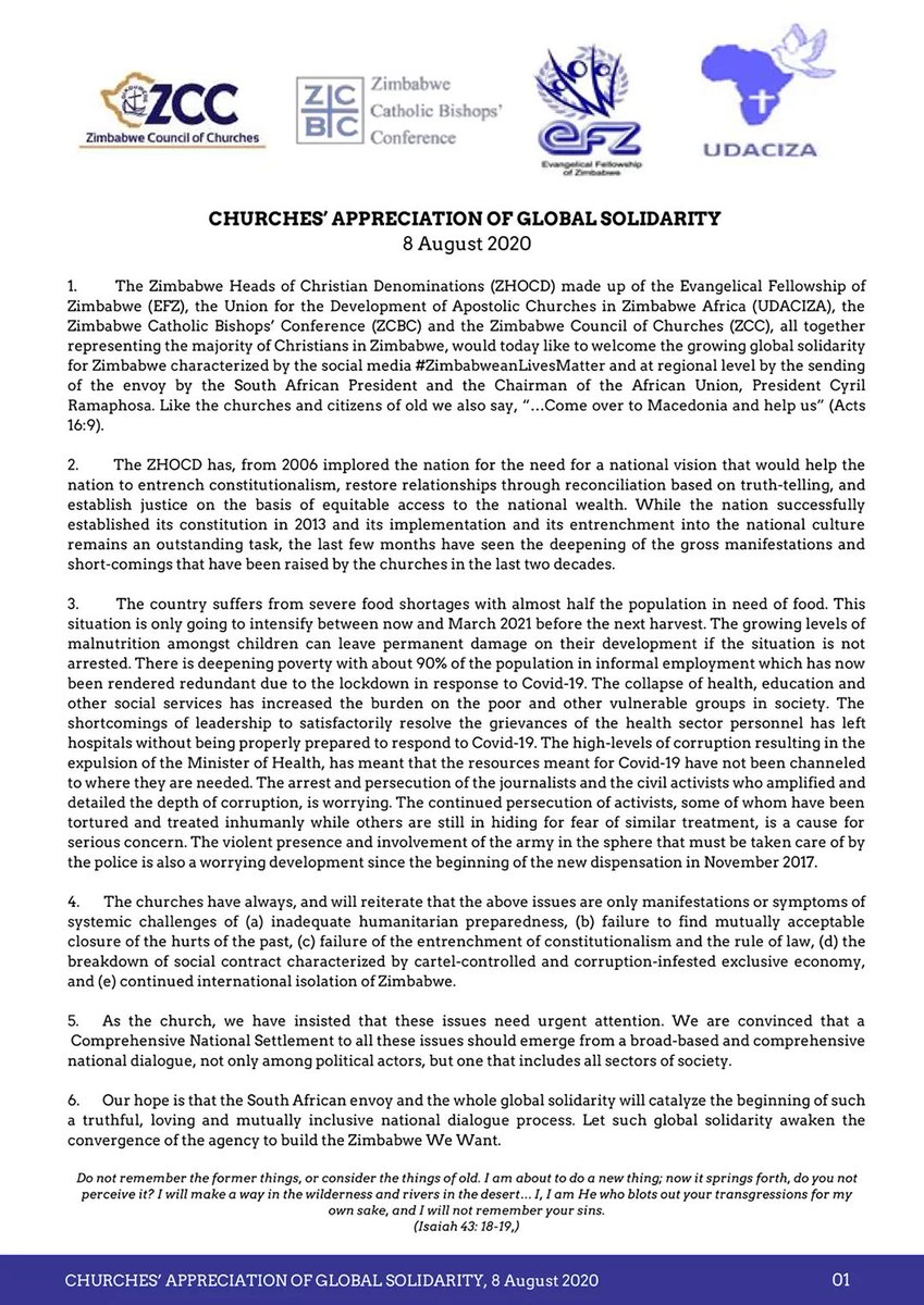 The Zimbabwe Heads of Christian Denominations (ZHOCD) welcomes the messages of global solidarity prompted  by the ongoing social media campaign #ZimbabweanLivesMatter. Let such global solidarity awaken the much-needed convergence and citizens' agency to build The Zimbabwe We Want