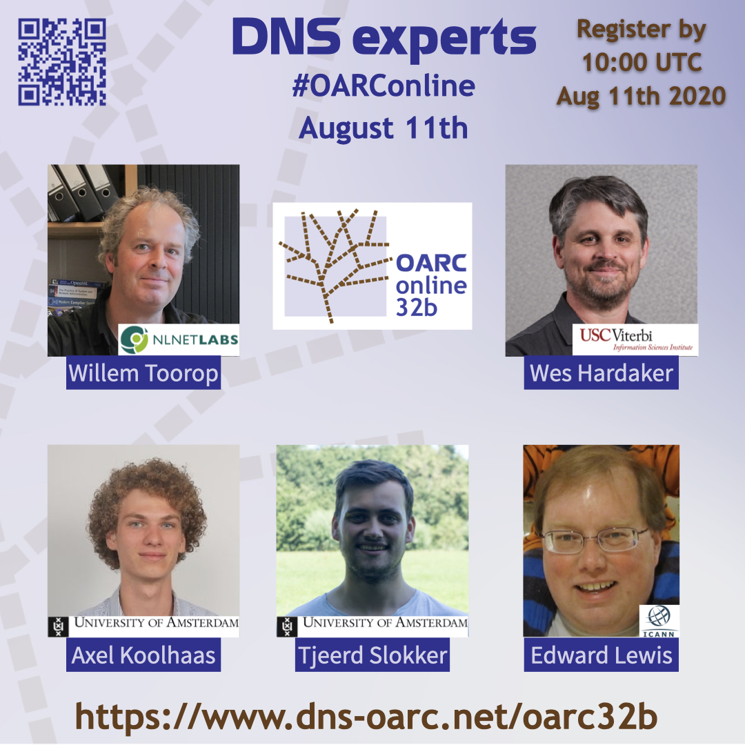 dnsoarc's tweet photo. Hear from #WillemToorop (@NLnetLabs), @hardaker (@USC_ISI), @shoaloak &amp; #TjeerdSlokker (both from @UvA_Amsterdam), and #EdwardLewis (@ICANN) during tomorrow's @dnsoarc #OARConline #Workshop. Register to attend via https://t.co/u3iMnJjSfh or scanning the QR code. #LoveDNS #DNS ^DB https://t.co/MLXeKg13U7