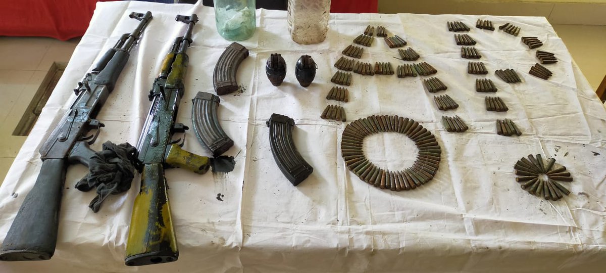 assampolice's tweet photo. Continuing our fight against militancy &amp; anti national elements in BTAD areas, even amidst #Corona, @KokrajharPolice recovered 2 AK Rifles, 3 Magazines, 2 HE 36 Grenades, 2 Detonators and 211 Rounds Ammunition from Tulsibil OP area under Gossaingaon PS. https://t.co/PBoBkBQR6y
