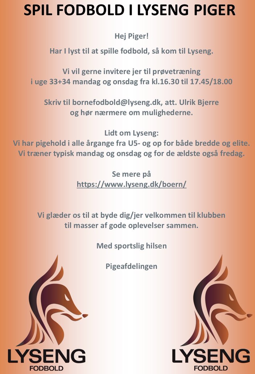 LysengPiger's tweet photo. Lyseng pigefodbold holder i de næste to uger åbne træninger for alle piger, der har lyst til at prøve at spille fodbold. Det gælder både de helt små og de lidt ældre piger. 

Læs mere i nedenstående - og del meget gerne. 

Vi ses! ⚽️🦊✌️
#voreslyseng #fodboldforpiger https://t.co/oqUkJl5fgz
