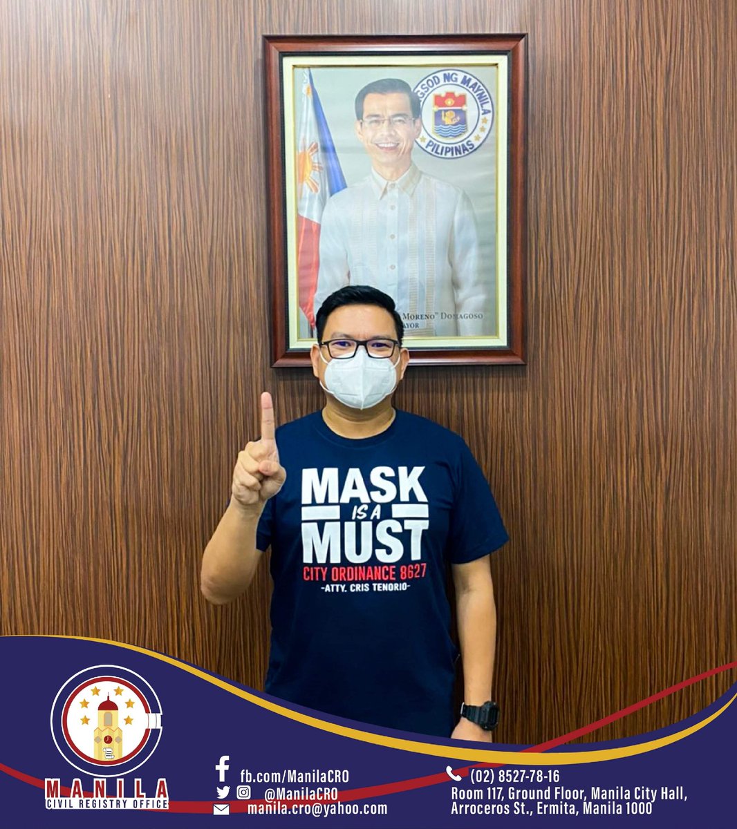 ManilaCRO's tweet photo. TINGNAN. Ang mga kawani at empleyado ng  Tanggapan ng Talaang Sibil ng Maynila  sa pangunguna ng Punong Tagapangasiwa, Atty. Chris Tenorio, ay nakikiisa sa paghikayat sa ating mga #BatangMaynila sa palagiang pagsusuot ng Face Mask alinsunod sa City Ordinance No. 8627. https://t.co/YX2g6XWJtP