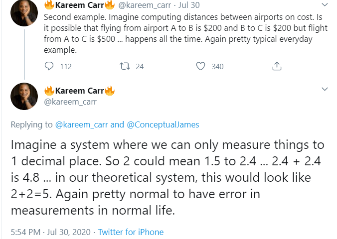 32/ The first example is a $500 flight that gets to the same spot as two smaller flights that cost $200 each. In that case the $200 flight plus another $200 flight is the same as a $500 flight. So he says this is an example of 2+2=5.