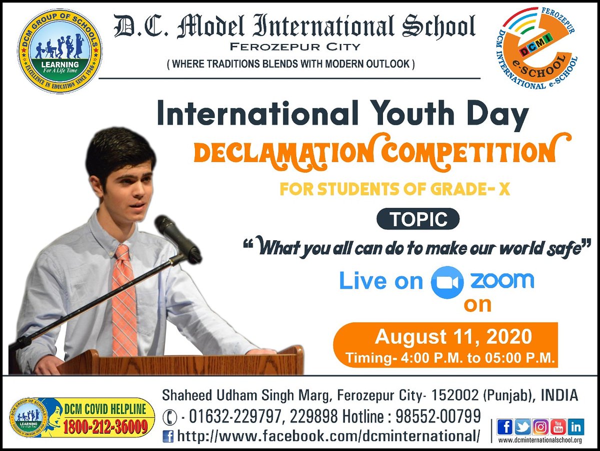 dcmi_school's tweet photo. Declamation Competition On International Youth Day  for students of Grade X

 D C Model International School is going to organise LIVE #DECLAMATION Competition on Zoom on August 11,2020 from 4:00 PM
#DCMI #DCMGroupOfSchools #DeclamationCompetition https://t.co/BUMKiSNEY6