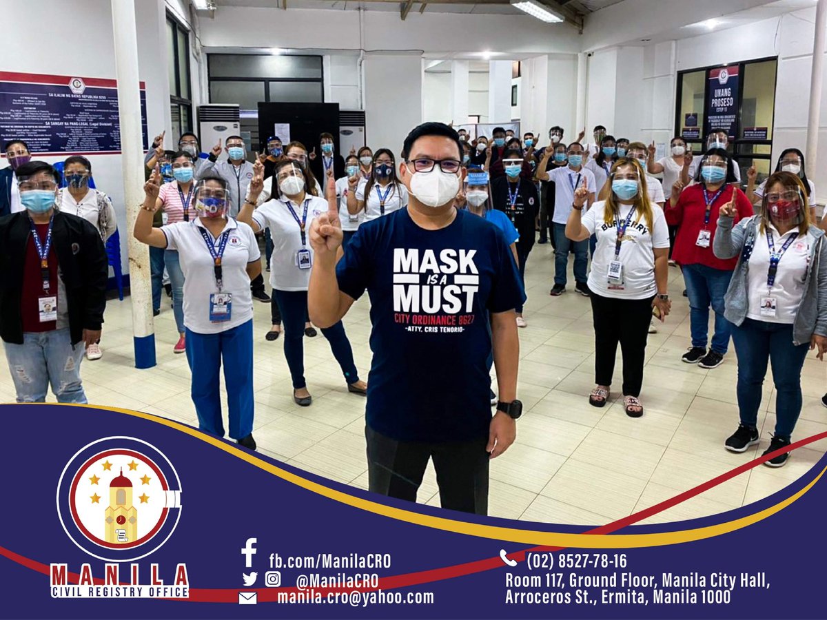 ManilaCRO's tweet photo. TINGNAN. Ang mga kawani at empleyado ng  Tanggapan ng Talaang Sibil ng Maynila  sa pangunguna ng Punong Tagapangasiwa, Atty. Chris Tenorio, ay nakikiisa sa paghikayat sa ating mga #BatangMaynila sa palagiang pagsusuot ng Face Mask alinsunod sa City Ordinance No. 8627. https://t.co/ocg8XRD5to