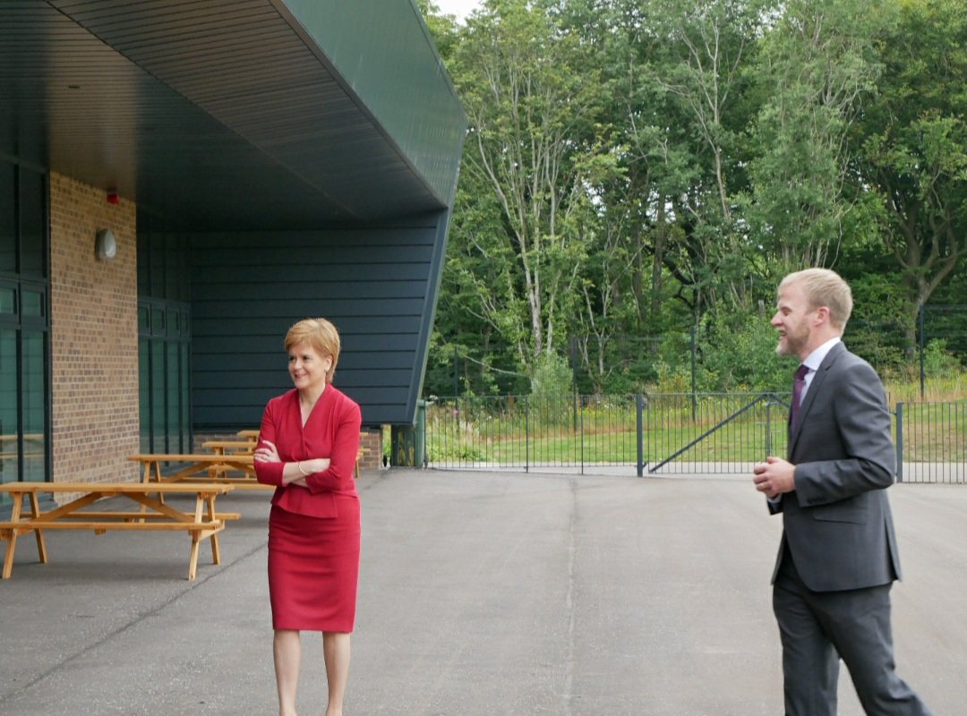 ScotGovFM's tweet photo. First Minister @NicolaSturgeon visited @WestCalderHigh this morning to see some of the new measures in place ahead of schools reopening across Scotland this week https://t.co/tVvaraaDF6