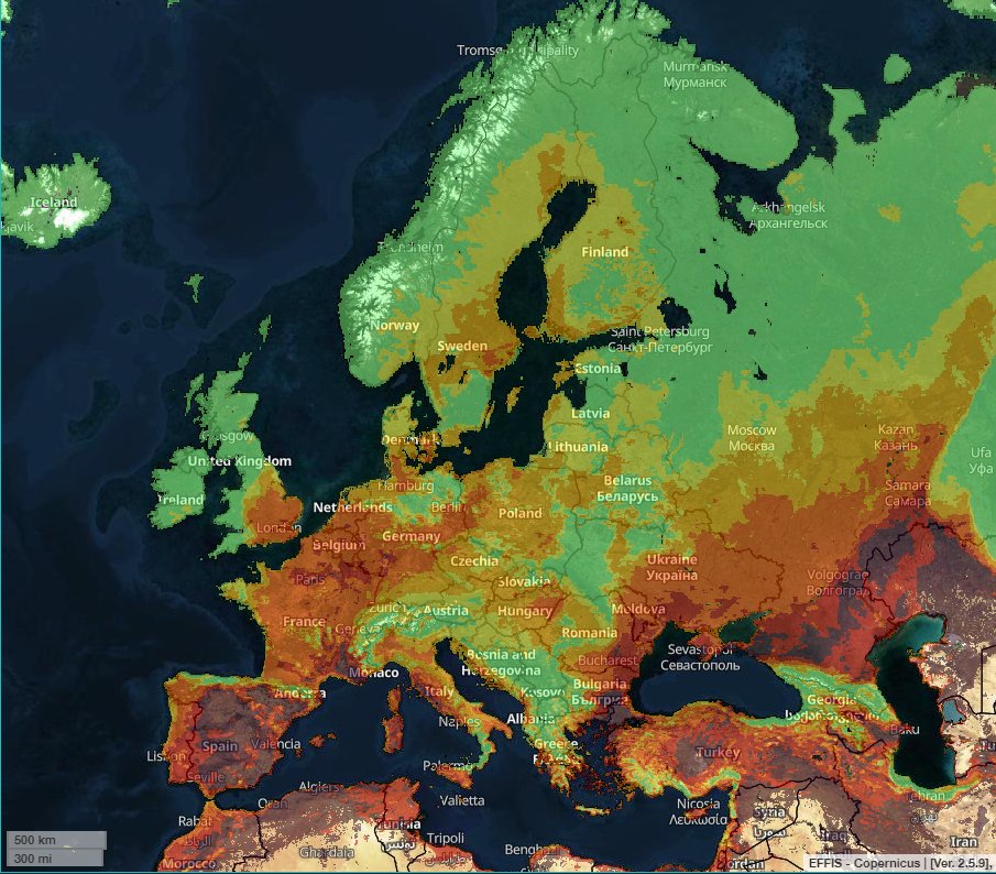CopernicusEU's tweet image. High temperatures &amp;amp; dry conditions are currently affecting central &amp;amp; western Europe, increasing the risk of #forest fires🔥.

@CopernicusEMS' fire danger forecast shows high to extreme danger over large parts of #Europe.

See the situation in your country: bit.ly/2F2UevG