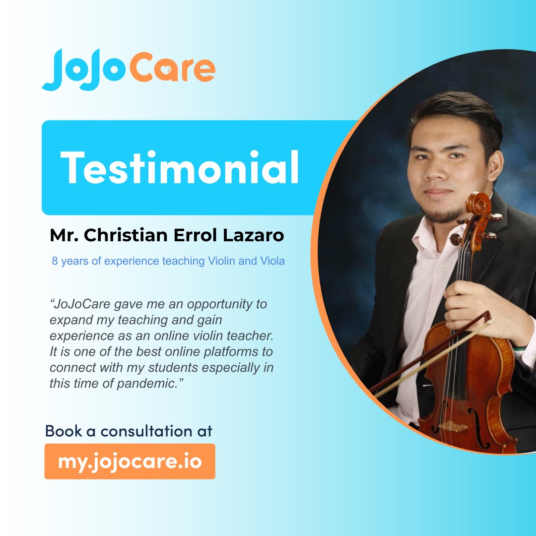 myjojoapp's tweet photo. Want to pick up a new skill or take your violin skills up a notch?

#MeetJoJoCare Teacher Christian is now available for 1-on-1 online violin lessons. Learn music in the convenience of your own home.

Schedule a lesson today at https://t.co/MNX8wgYSam

#JoJoCare https://t.co/6G0tC6dBxh