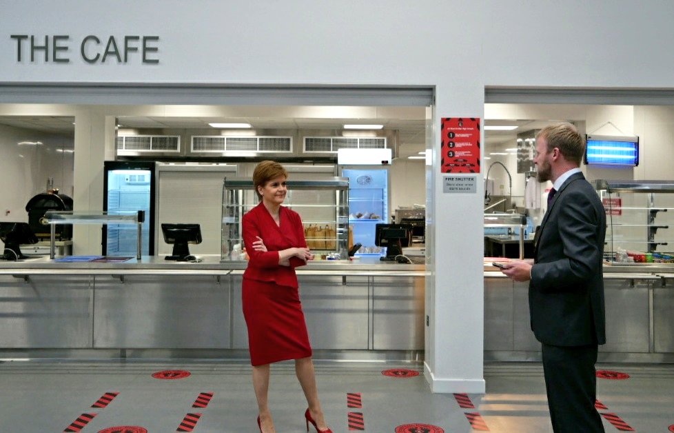 ScotGovFM's tweet photo. First Minister @NicolaSturgeon visited @WestCalderHigh this morning to see some of the new measures in place ahead of schools reopening across Scotland this week https://t.co/tVvaraaDF6