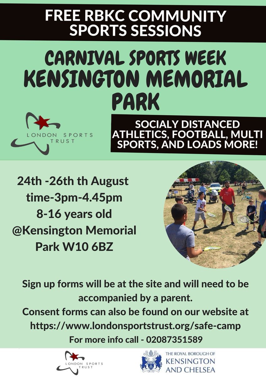 LdnSportsTrust's tweet photo. Carnival Week Free Sports sessions in @rbkc Sign up or pop down on the day @youngkandc @HarrowClubW10 @DalgarnoTrust @MPSKenChel @QPRtrust @NHCarnivalLDN @westlondonzone https://t.co/cyBMiWrTo9