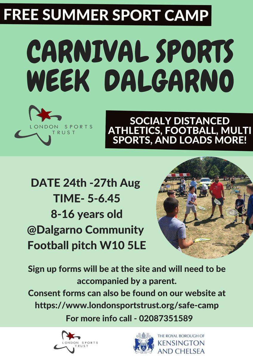 LdnSportsTrust's tweet photo. Carnival Week Free Sports sessions in @rbkc Sign up or pop down on the day @youngkandc @HarrowClubW10 @DalgarnoTrust @MPSKenChel @QPRtrust @NHCarnivalLDN @westlondonzone https://t.co/cyBMiWrTo9