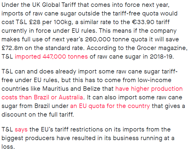 T&L can and does already import raw cane sugar tariff-free from Belize, under EU rules on market access for African, Caribbean and Pacific countriesThis gives Belize sugar cane an advantage over massive agricultural economies like Brazil /2 https://unearthed.greenpeace.org/2020/08/08/brexit-sugar-cane-tate-lyle-sweetheart-conservative/