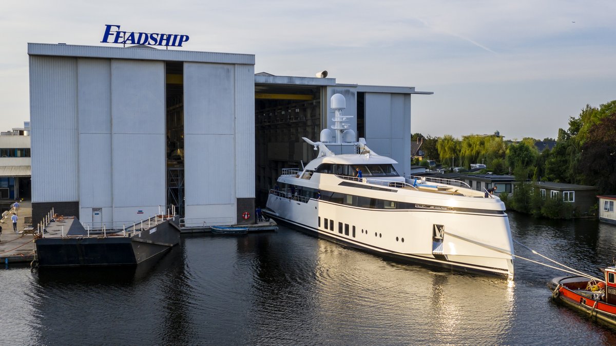 Feadship's tweet image. This morning another jewel in the Feadship crown has exited our facility in Aalsmeer. The 49.65 metre Project 706 will soon be on the move to sea, so watch this space for the latest information. #Feadship #Project706 #newbuild #Aalsmeer