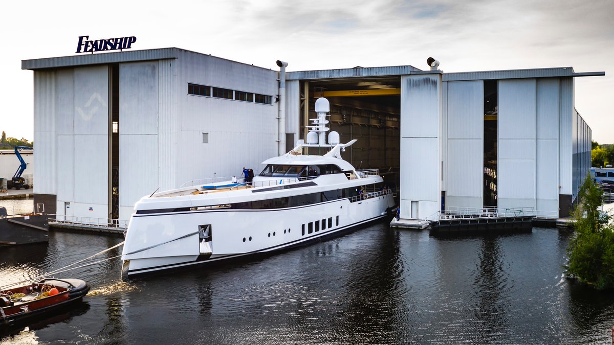 Feadship's tweet image. This morning another jewel in the Feadship crown has exited our facility in Aalsmeer. The 49.65 metre Project 706 will soon be on the move to sea, so watch this space for the latest information. #Feadship #Project706 #newbuild #Aalsmeer