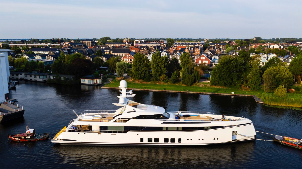 Feadship's tweet image. This morning another jewel in the Feadship crown has exited our facility in Aalsmeer. The 49.65 metre Project 706 will soon be on the move to sea, so watch this space for the latest information. #Feadship #Project706 #newbuild #Aalsmeer