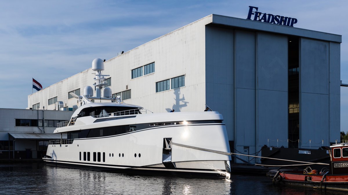 Feadship's tweet image. This morning another jewel in the Feadship crown has exited our facility in Aalsmeer. The 49.65 metre Project 706 will soon be on the move to sea, so watch this space for the latest information. #Feadship #Project706 #newbuild #Aalsmeer