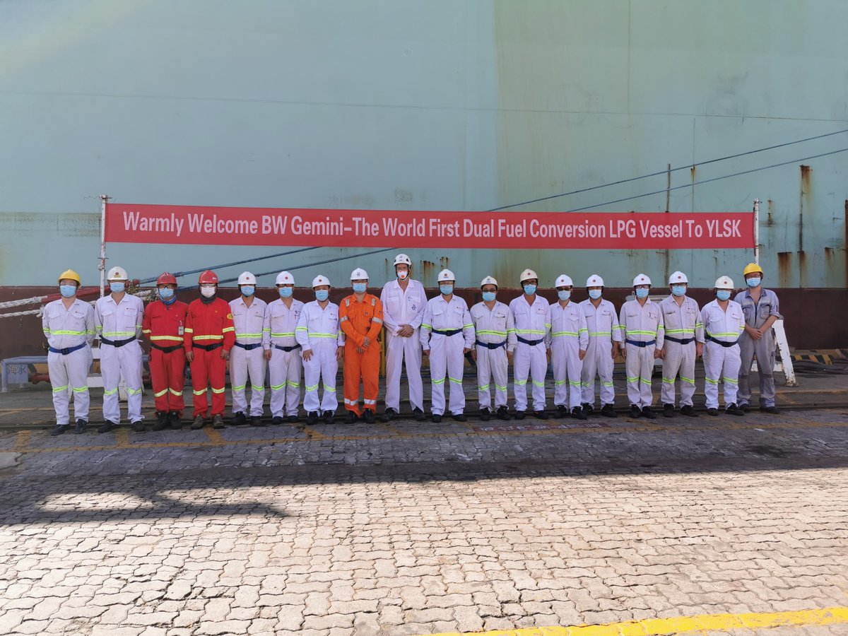 A picture to commemorate a special moment! BW Gemini is at Yiu Lian shipyard in China for retrofitting works. When complete, BW Gemini will be the world's first vessel with LPG dual-fuel propulsion engine onboard! #BWLPG #LPG #LPGpropulsion #shipping #technology #decarbonization