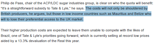 Equally obviously, small African and Caribbean cane sugar exporters like Belize don't think it's great that Tate & Lyle can now import 260,000 tonnes of raw cane sugar from Brazil to the UK tariff freeThey think it's bad /4  https://www.thegrocer.co.uk/fmcg-prices-and-promotions/does-new-uk-tariff-policy-mean-cheaper-sugar/605481.article