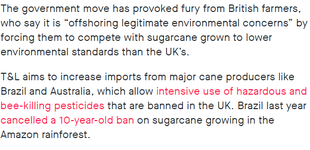 Of course, it's not just sugar growers in Belize that stand to get screwed by thisIt's also British growers, who now find themselves in direct competition with enormous agribusinesses that intensively use pesticides banned in the UK /5 https://unearthed.greenpeace.org/2020/08/08/brexit-sugar-cane-tate-lyle-sweetheart-conservative/