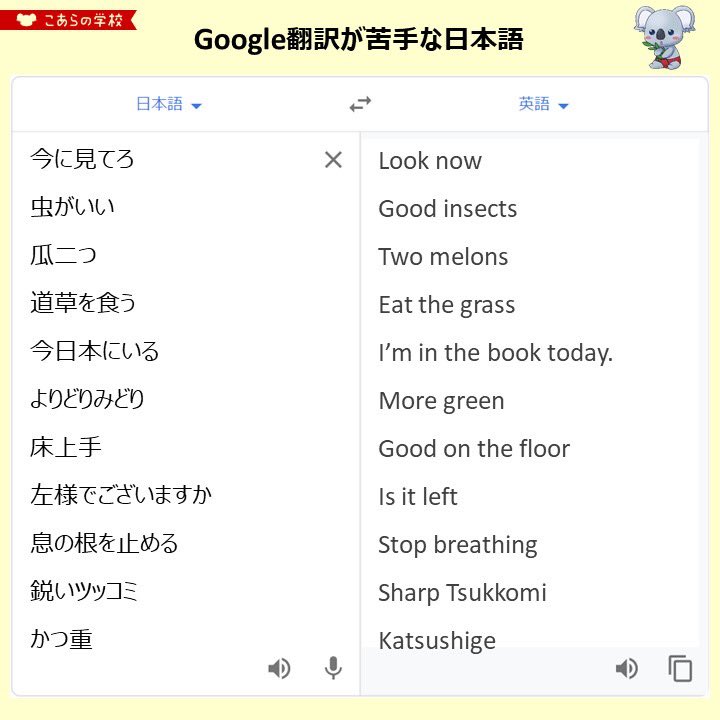こあたん こあらの学校 Auf Twitter Google翻訳が苦手な日本語もあるので注意が必要です T Co Qxe1ehkbks Twitter こあたん こあらの学校 Auf Twitter Google翻訳が苦手な日本語もあるので注意が必要です T Co Qxe1ehkbks Twitter