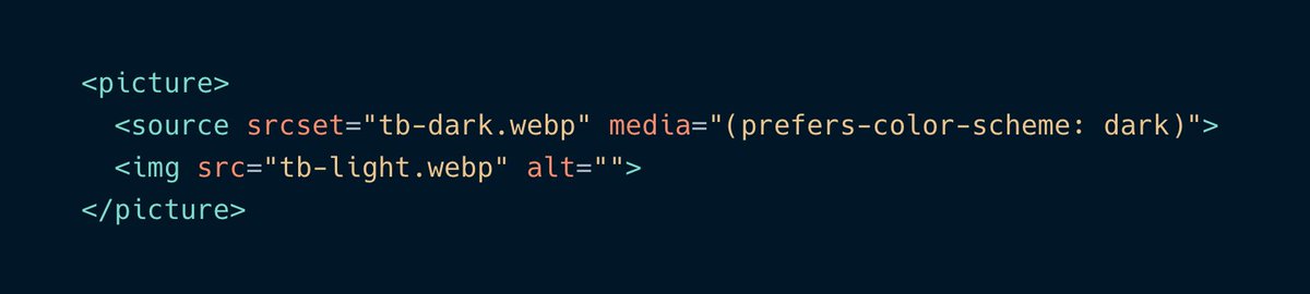 equinusocio's tweet photo. You can swap images based on the OS color scheme directly inside #HTML by using the tag `<picture>` 🔥 https://t.co/in7V2N6v4o