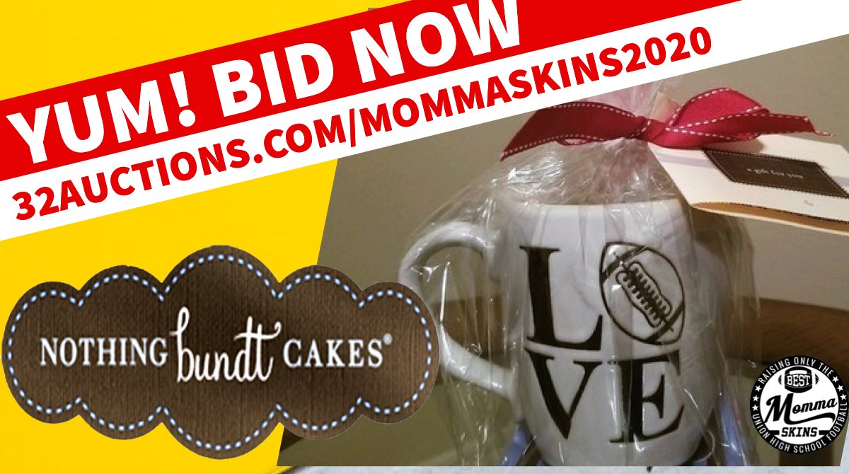 Nothing says fall like Nothing Bundt Cakes and Coffee!  Bid now on a $50 gift card to Nothing Bundt Cakes &amp; an awesome Football Love coffee mug. 

See this &amp; more on the Momma Skins Silent Auction OPEN NOW at 32auctions.com/mommaskins2020. #UnionFB.
