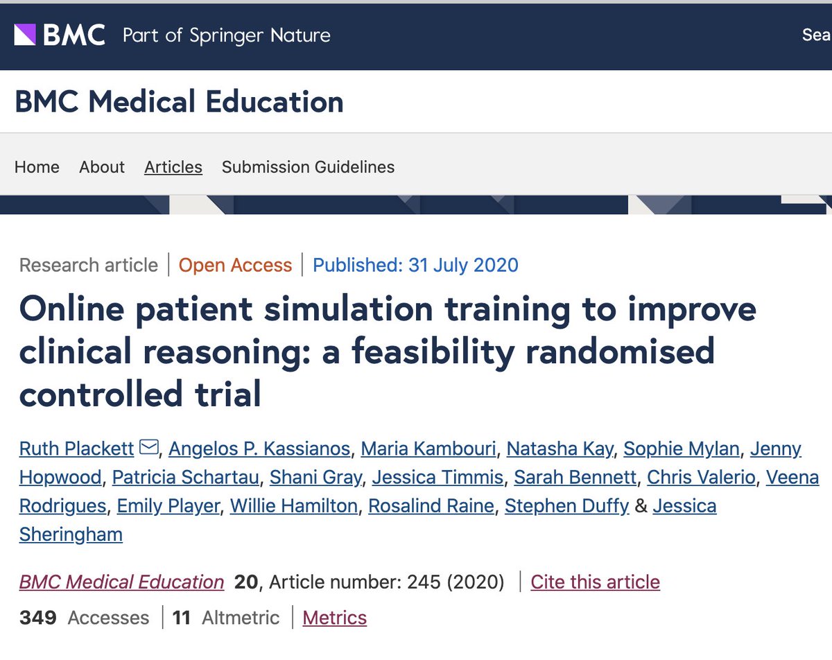 ruthplackett's tweet photo. Online patient simulations like @eCREST_UCL can improve #medicalstudents ability to gather essential information from #patients. Developing #clinicalreasoning skills early could help to reduce future #dxerror! Read our feasibility trial results here https://t.co/QpCZBz3c1K https://t.co/wC5bw3iOuh