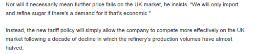 And, by the way, for those lazy free-traders saying this will lead to cheaper sugar for UK consumers? No, it won't, if we believe what Tate & Lyle's Gerald Mason told The Grocer magazine /8 https://www.thegrocer.co.uk/fmcg-prices-and-promotions/does-new-uk-tariff-policy-mean-cheaper-sugar/605481.article