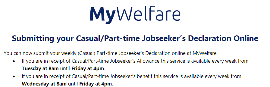 welfare_ie's tweet photo. You can now submit your Jobseeker’s Allowance &amp; Benefit Declarations on https://t.co/M2y3fHDfmA 

✅Jobseeker's Allowance from 8am on Tuesdays

✅Jobseeker’s Benefit from 8am on Wednesdays

Read more here: https://t.co/zn0IYHG9Vd https://t.co/FdyDj5Pl1M
