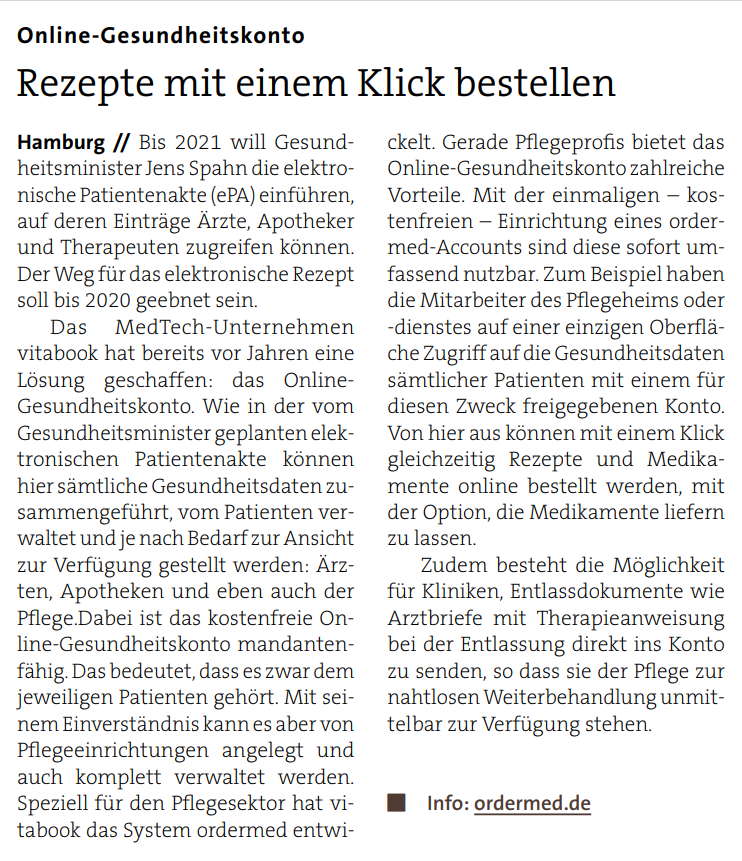 vitabook's tweet photo. "Speziell für den Pflegesektor hat #vitabook das System #ordermed entwickelt. Gerade Pflegeprofis bietet das Online-#Gesundheitskonto zahlreiche Vorteile.“👇
https://t.co/IuzpCvrRyG
- @CAREkonkret Nr. 28/20 (@VincentzNetwork) -
#Pflege #AAL #Gerontologie @Pflege_News #ePA #eGA https://t.co/mfW6uzZIvi
