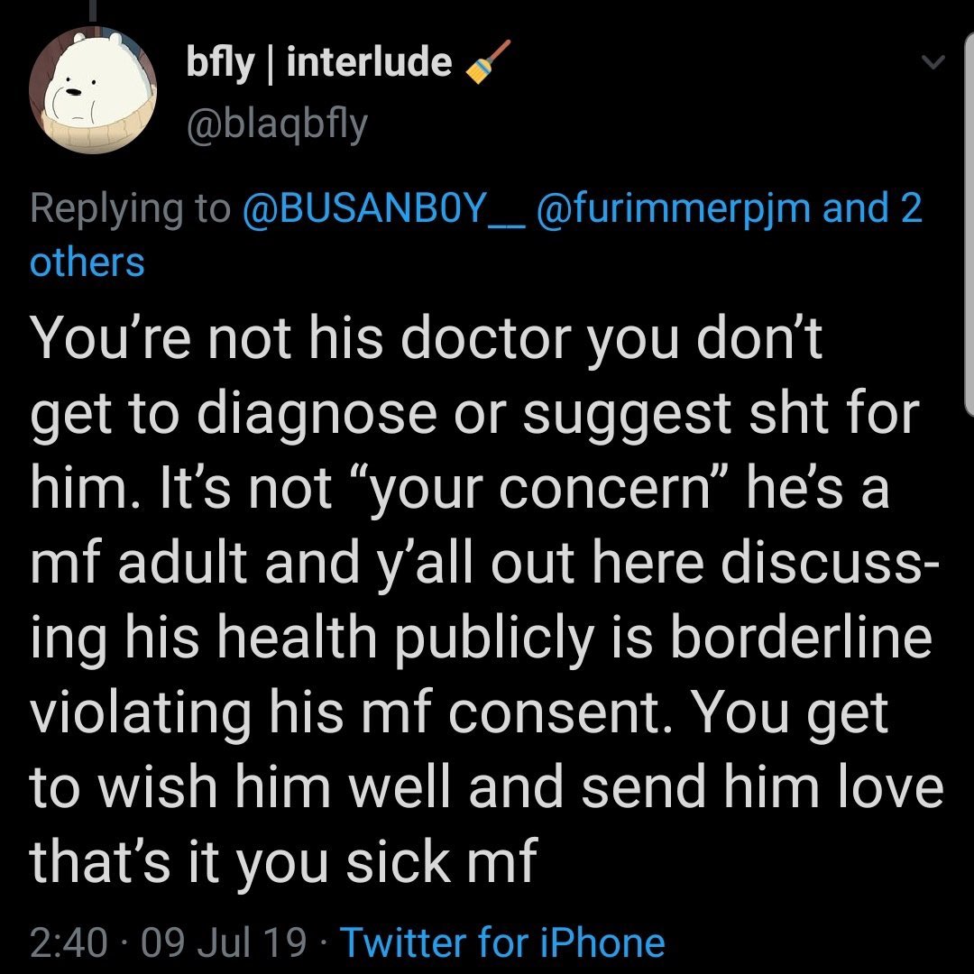 armys made a tweet go viral completely and utterly trivializing jm’s chronic pain despite the fact that he has mentioned before that he does in fact SUFFER FROM CHRONIC PAIN. it’s not playing doctor. you know what’s playing doctor? saying it’s “not a big deal”