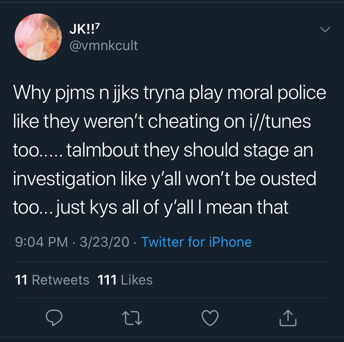 around that time filter was high on us itunes as well so people said pjm and jjk solo stans were having a “pissing contest” and “using v//pn” when there was literally no evidence of this. and then guess which songs charted on billboard hot 100 and everyone celebrated like +