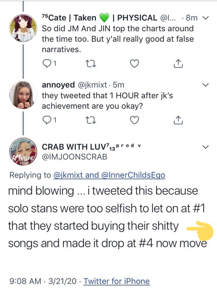 around that time filter was high on us itunes as well so people said pjm and jjk solo stans were having a “pissing contest” and “using v//pn” when there was literally no evidence of this. and then guess which songs charted on billboard hot 100 and everyone celebrated like +