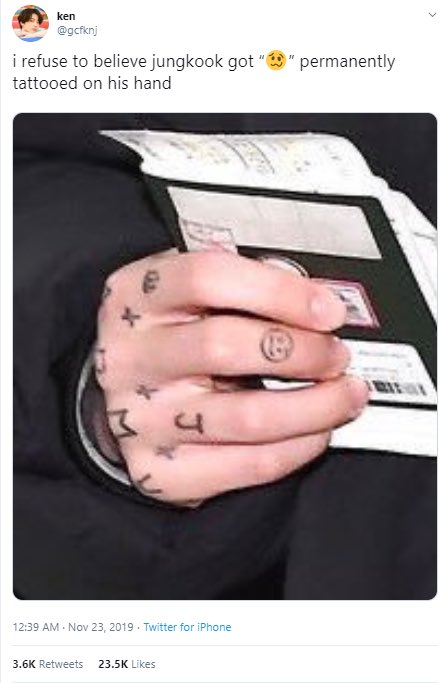 this tweet went viral making fun of jk’s tattoos. it’s actually really common to see people making fun of his tats, calling them ugly, sloppy, embarrassing, unprofessional, impulsive, the list goes on. armys really don’t deserve to be tattooed on his hand.