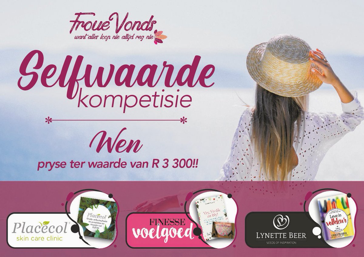 Staan die kans om ‘n reuse geskenkpak ryker te word hierdie #Vrouemaand deur in te skryf vir die #FroueVonds #Selfwaarde-kompetisie! Besoek ons FB-blad! <a href="/EsnaColyn/">Esna Colyn</a> <a href="/ReneRouxSHH/">Solhelpendehand</a> <a href="/NoethHannes/">Solhelpendehand</a> <a href="/solidariteit/">Solidariteit</a> <a href="/SBeweging/">Solidariteit Beweging / Solidarity Movement</a> <a href="/Placecolsa/">Placecol Skin Care</a>