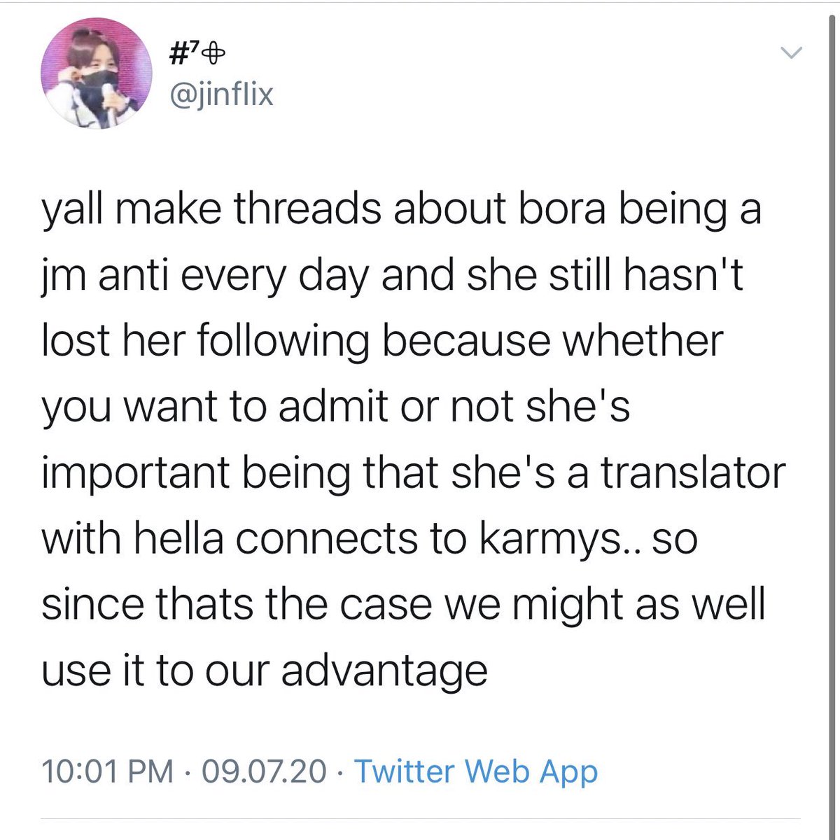when the plan for 7M preorders was made and people thought it would be a great idea to use bora even though she is a jimin (ml) anti. they’re literally like “she is a jimin anti BUT-“ no there should be no buts. she is a jimin anti end of story. there are more ss i don’t have