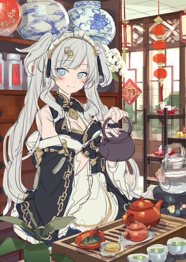 「台湾のお茶屋さん 色ラフ途中 」|すざく＠２月１０日発売！『天空の異世界ビストロ店』のイラスト