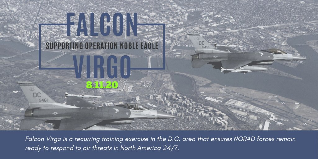 NORADCommand's tweet image. We will conduct air defense exercise #FalconVirgo Tuesday 12:30-2:30 a.m. (ET) in the Washington, D.C, area. @USAirForce #F16s, a @USArmy C-12, a @USCG MH-65D, and @CivilAirPatrol Cessna 182Ts may fly as low as 2,500 feet &amp;amp; may be visible from the ground. #WeHaveTheWatch