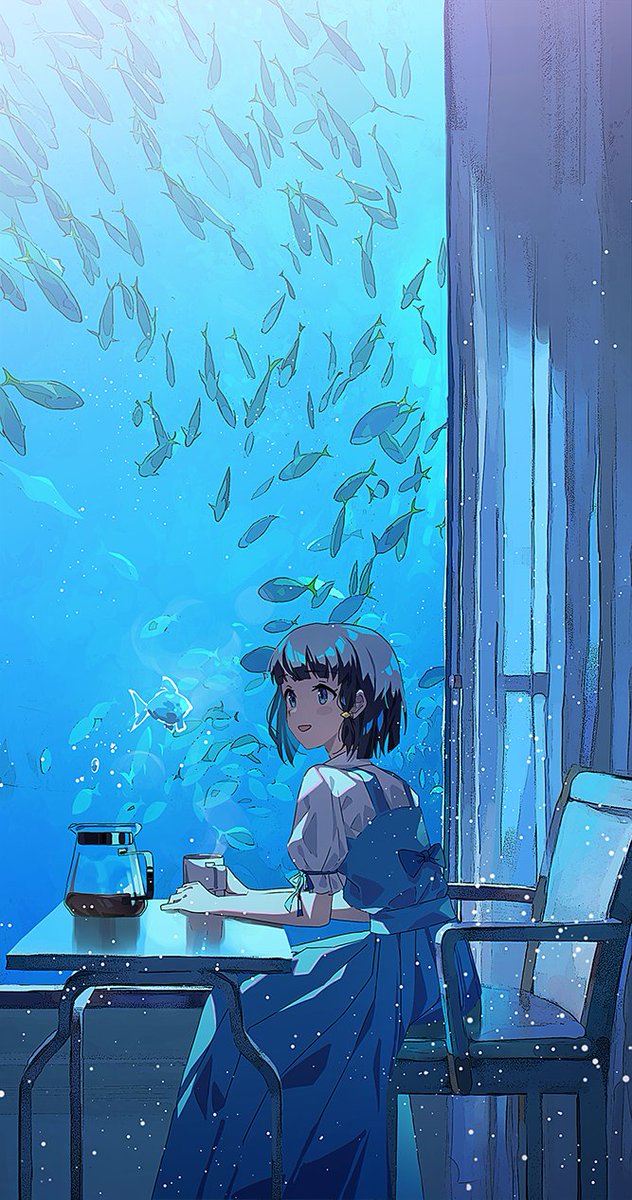 1girl fish solo sitting short hair dress cup  illustration images