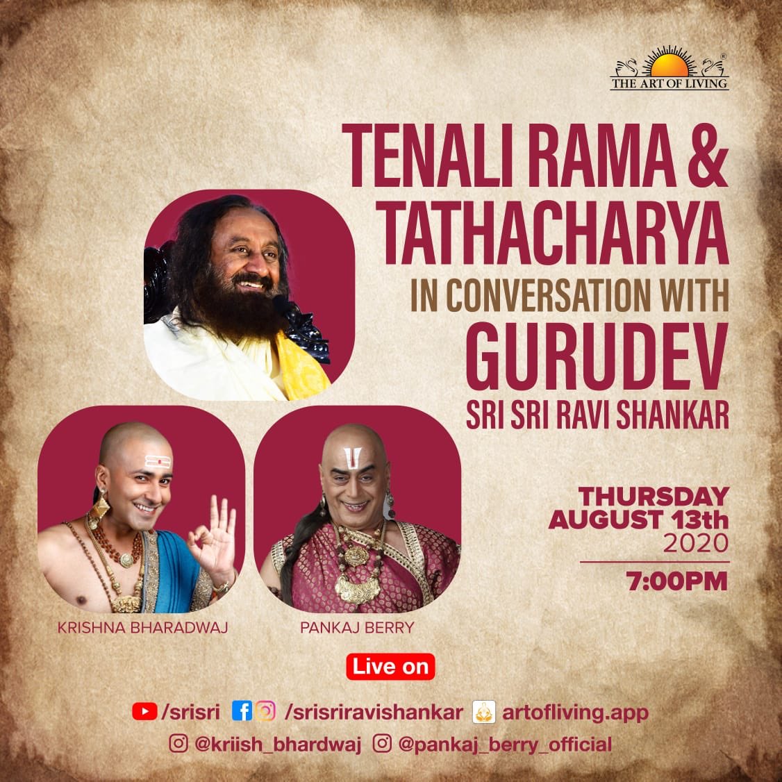 The wit of Tenali Rama and the wisdom of Tathacharya come together! Join Krish Bhardwaj and me in conversation with Gurudev @srisriravishankar. 13th August, 7:00 PM | YouTube.com/SriSri
