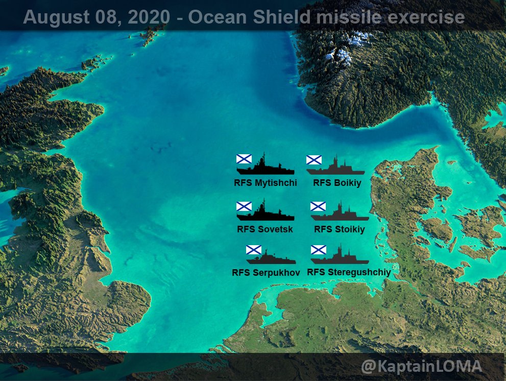 KaptainLOMA's tweet photo. #ВМФ #БФ On August 8, a surface action group of three frigates and three corvettes simulated launching #Kalibr and Uran missiles in the North Sea as part of #Russia's #OceanShield2020 naval exercise.
https://t.co/hTkLPiYQ6N https://t.co/ZqdCqvqGDn
