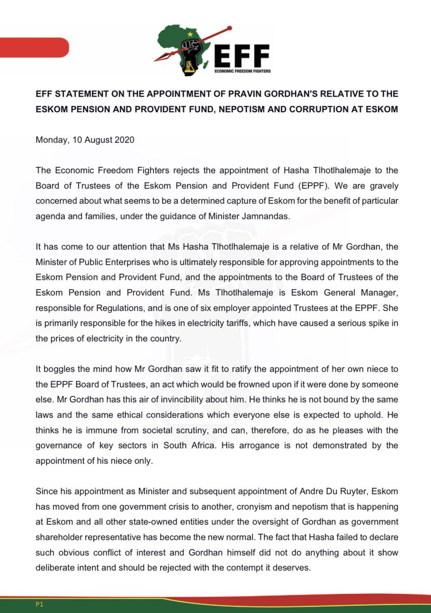 EFFSouthAfrica's tweet photo. EFF Statement on the Appointment of Pravin Gordhan's Relative to the Eskom Pension and Provident Fund, Nepotism and Corruption at Eskom https://t.co/YvxZdTV7Fn
