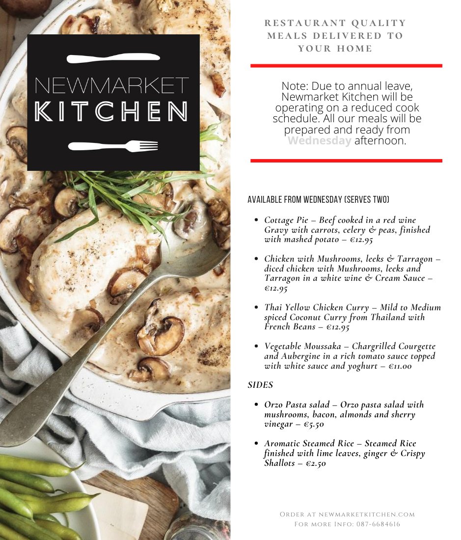 The announcement of new lock-down measures in 3 counties is a warning 2 us all - be vigilant! Newmarket Kitchen's restaurant-quality meals delivered 2 you helps reduce the need 2 go 2 the shops. If we can help you, or a vulnerable family member or neighbour, let us know.#StaySafe